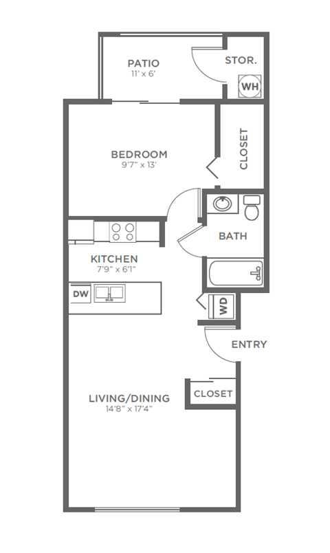 Floor plan for 1 bed, 1 bath, 610 sqft